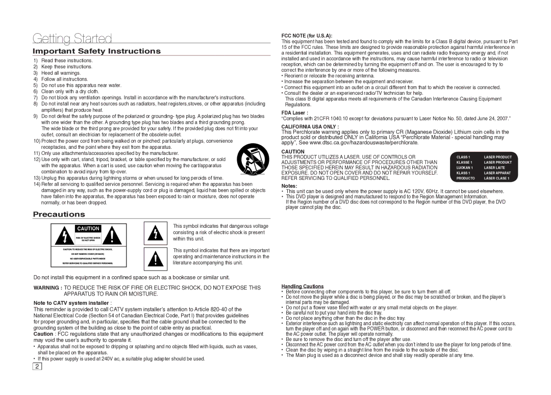 Samsung DVDC500XAA, DVD-C500/XAA Getting Started, Important Safety Instructions, Precautions, California USA only 