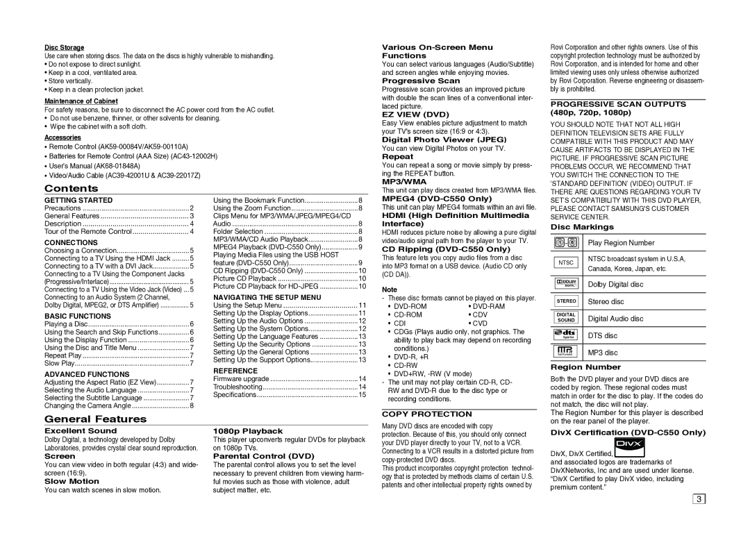 Samsung DVD-C500/XAA, DVDC500/XAA, DVDC500XAA user manual Contents, General Features 