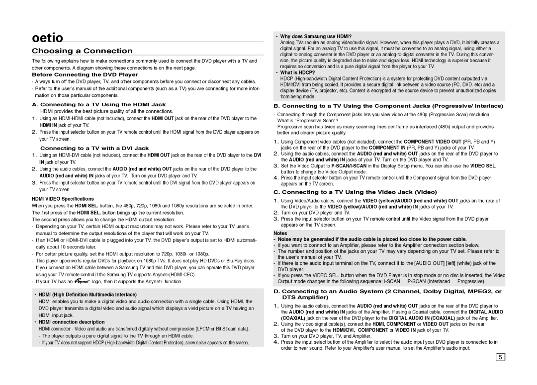 Samsung DVDC500XAA, DVD-C500/XAA, DVDC500/XAA user manual Connections, Choosing a Connection 