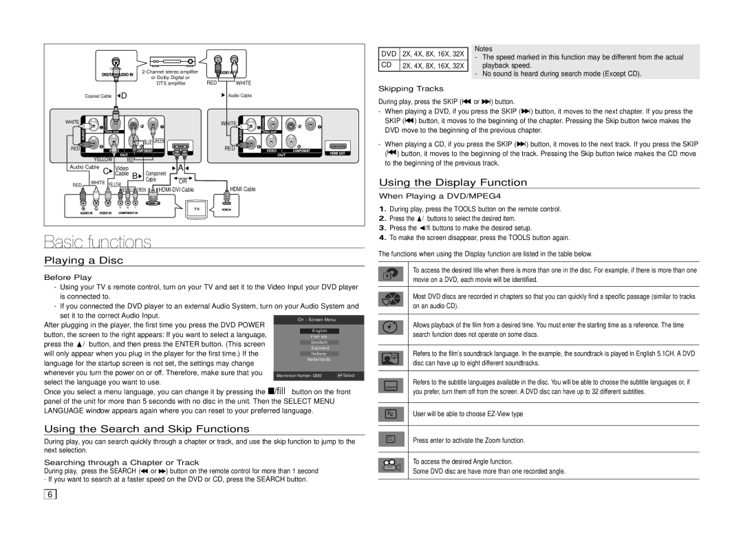 Samsung DVD-C500/XAA Basic functions, Playing a Disc, Using the Search and Skip Functions, Using the Display Function 