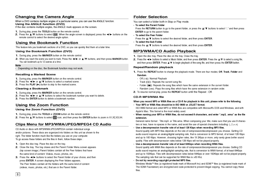 Samsung DVDC500XAA Changing the Camera Angle, Using the Bookmark Function, Using the Zoom Function, Folder Selection 