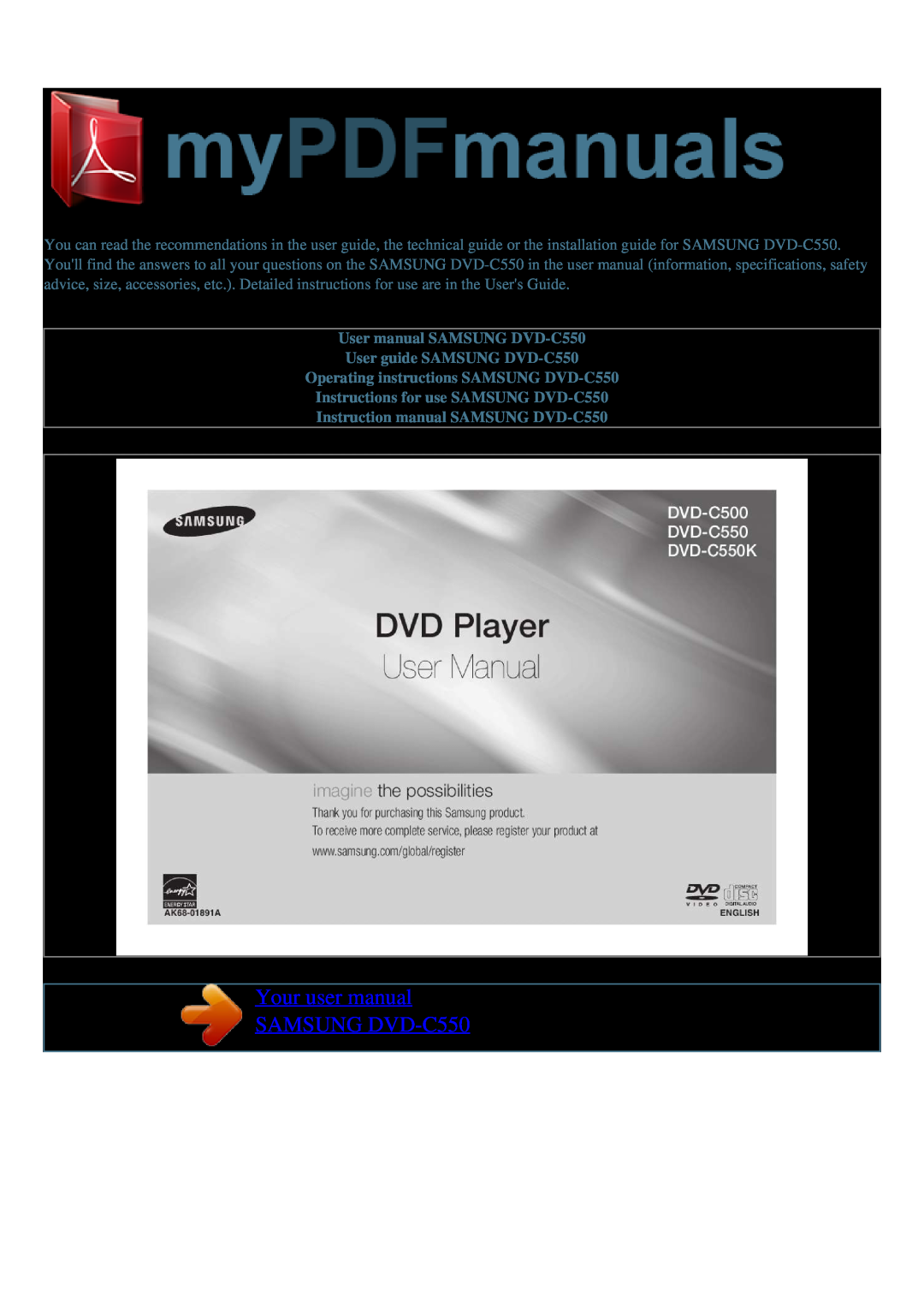 Samsung user manual Your user manual SAMSUNG DVD-C550, User manual SAMSUNG DVD-C550 User guide SAMSUNG DVD-C550 