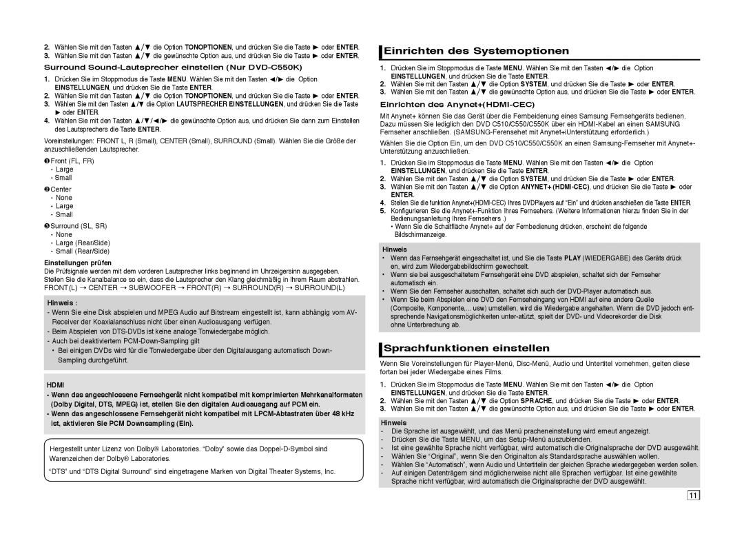 Samsung DVD-C550/XEE, DVD-C550/EDC manual Einrichten des Systemoptionen, Sprachfunktionen einstellen, Einstellungen prüfen 