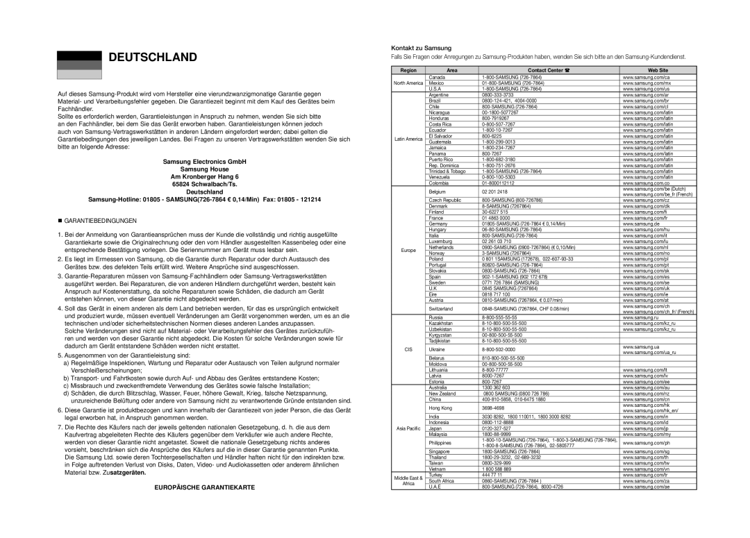 Samsung DVD-C510/XEN, DVD-C550/EDC, DVD-C550/XEN, DVD-C550/XEF, DVD-C550/XEE, DVD-C510/XEE, DVD-C510/EDC manual Deutschland 