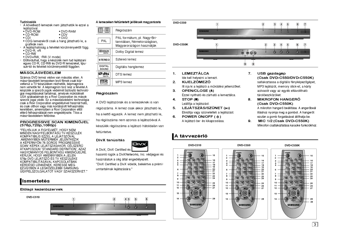 Samsung DVD-C510/XEE, DVD-C550/EDC, DVD-C550/XEN, DVD-C510/XEN, DVD-C550/XEF, DVD-C550/XEE, DVD-C510/EDC TávvezérlŒ, Ismertetés 