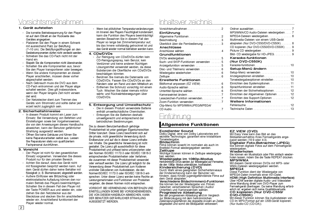 Samsung DVD-C510/XEN, DVD-C550/EDC, DVD-C550/XEN Vorsichtsmaßnahmen Inhaltsver zeichnis, Einführung, Allgemeine Funktionen 