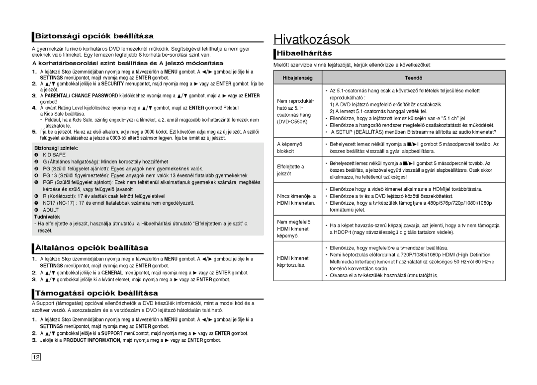Samsung DVD-C550/EDC Hivatkozások, Biztonsági opciók beállítása, Általános opciók beállítása, Támogatási opciók beállítása 