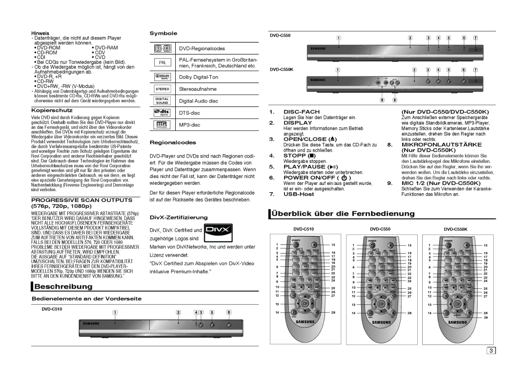 Samsung DVD-C550/XEF, DVD-C550/EDC, DVD-C550/XEN, DVD-C510/XEN, DVD-C550/XEE Überblick über die Fernbedienung, Beschreibung 