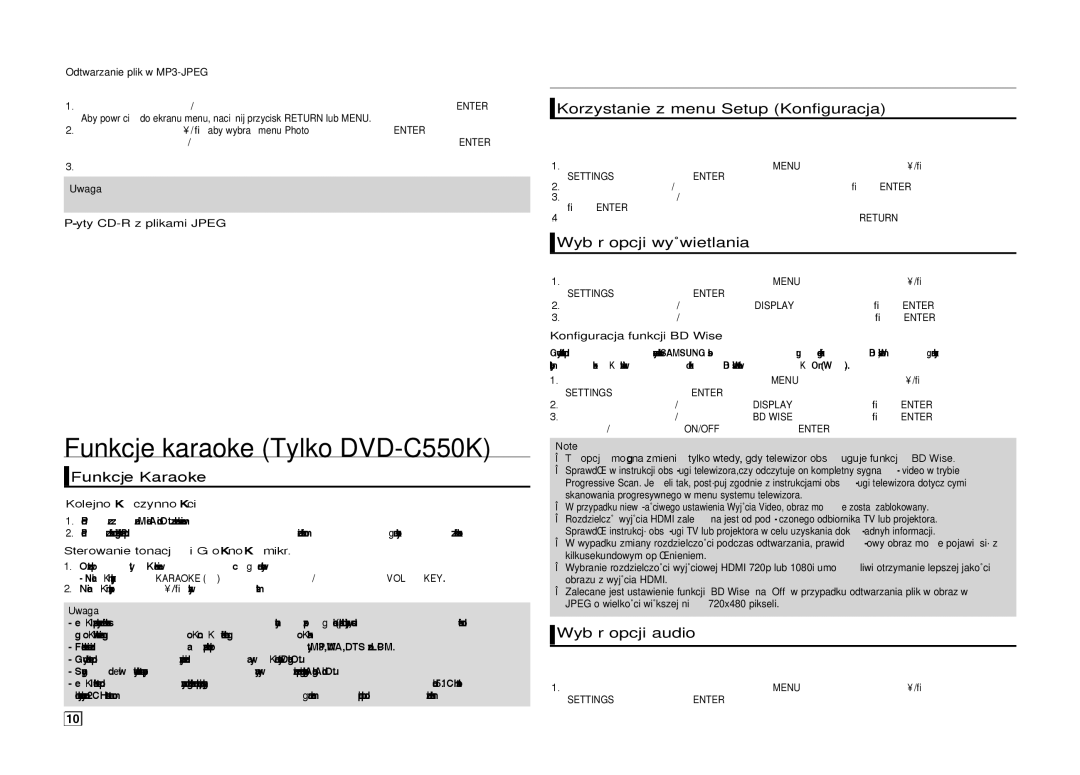 Samsung DVD-C550/EDC Funkcje karaoke Tylko DVD-C550K, Zmiana menu konfiguracji, Korzystanie z menu Setup Konfiguracja 
