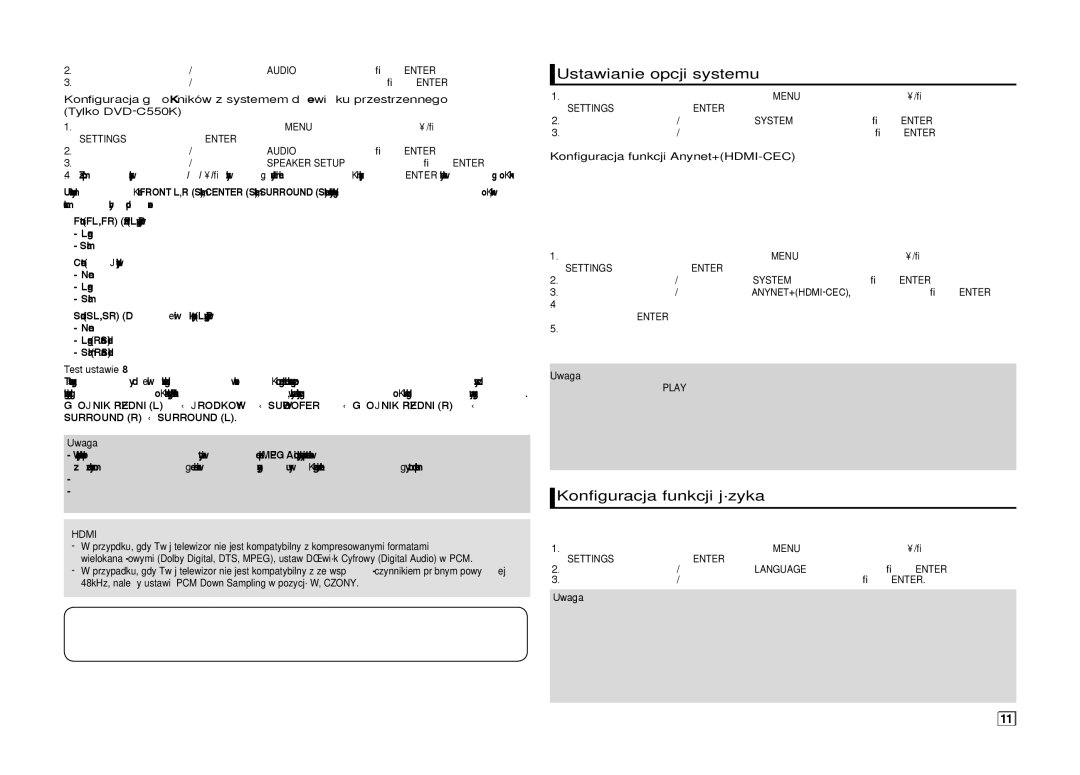 Samsung DVD-C550/XEN, DVD-C550/EDC, DVD-C510/XEN manual Ustawianie opcji systemu, Konfiguracja funkcji j´zyka, Test ustawień 