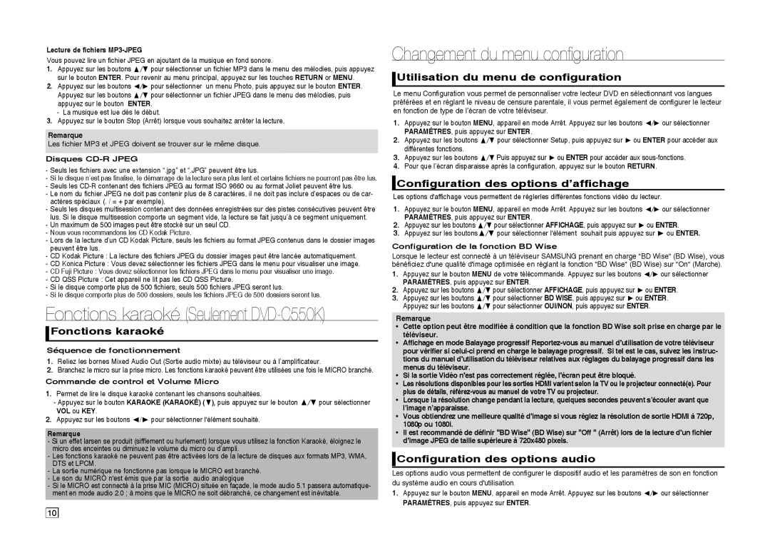 Samsung DVD-C510/XEN manual Changement du menu conﬁ guration, Fonctions karaoké, Utilisation du menu de configuration 