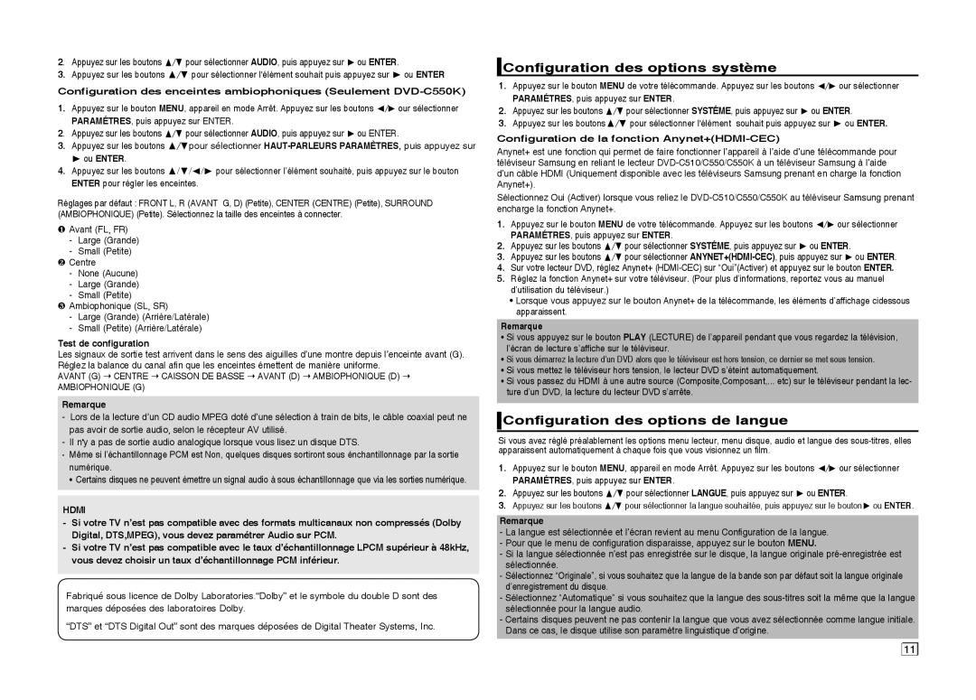 Samsung DVD-C550/XEF, DVD-C550/EDC manual Configuration des options système, Configuration des options de langue, Hdmi 