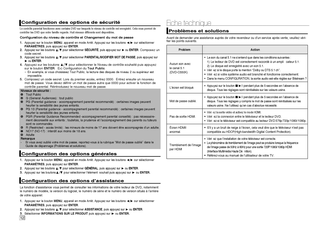 Samsung DVD-C550/EDC manual Fiche technique, Configuration des options de sécurité, Configuration des options générales 