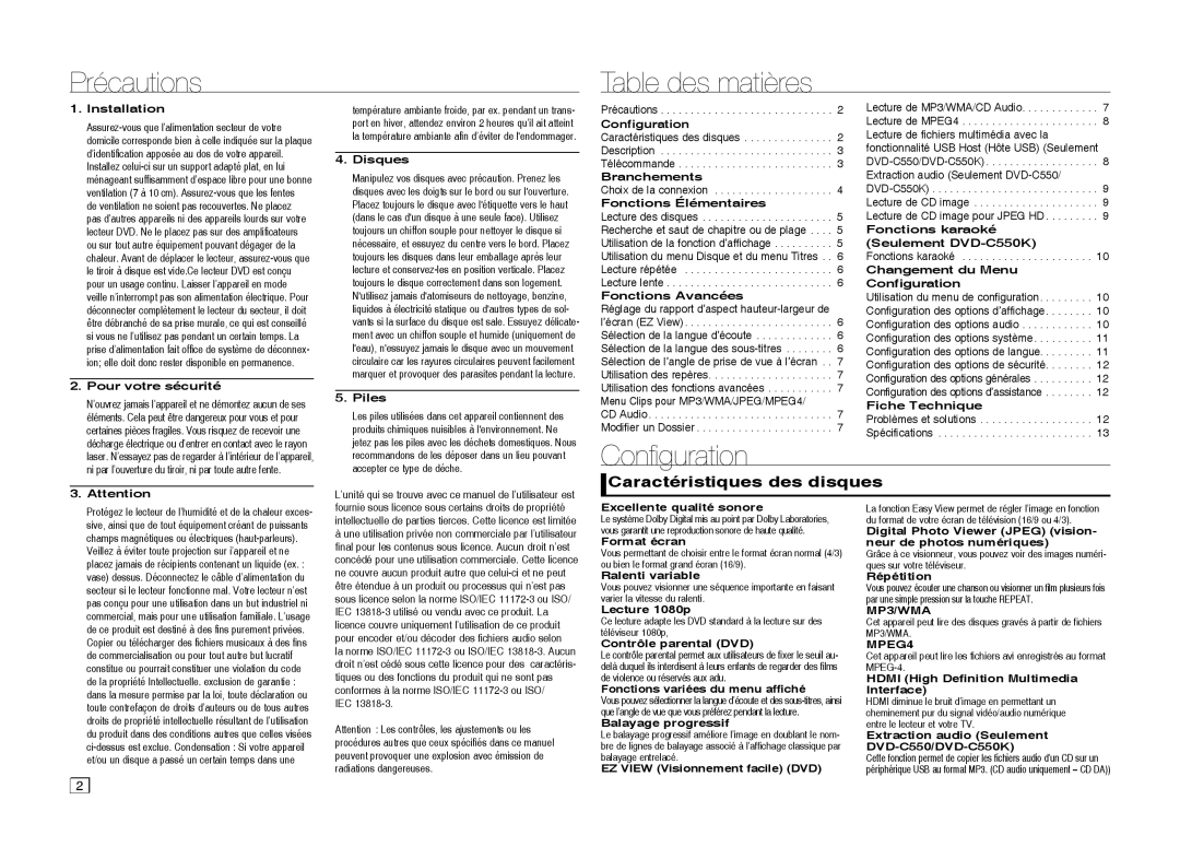 Samsung DVD-C510/XEN, DVD-C550/EDC manual Précautions Table des matières, Conﬁ guration, Caractéristiques des disques 