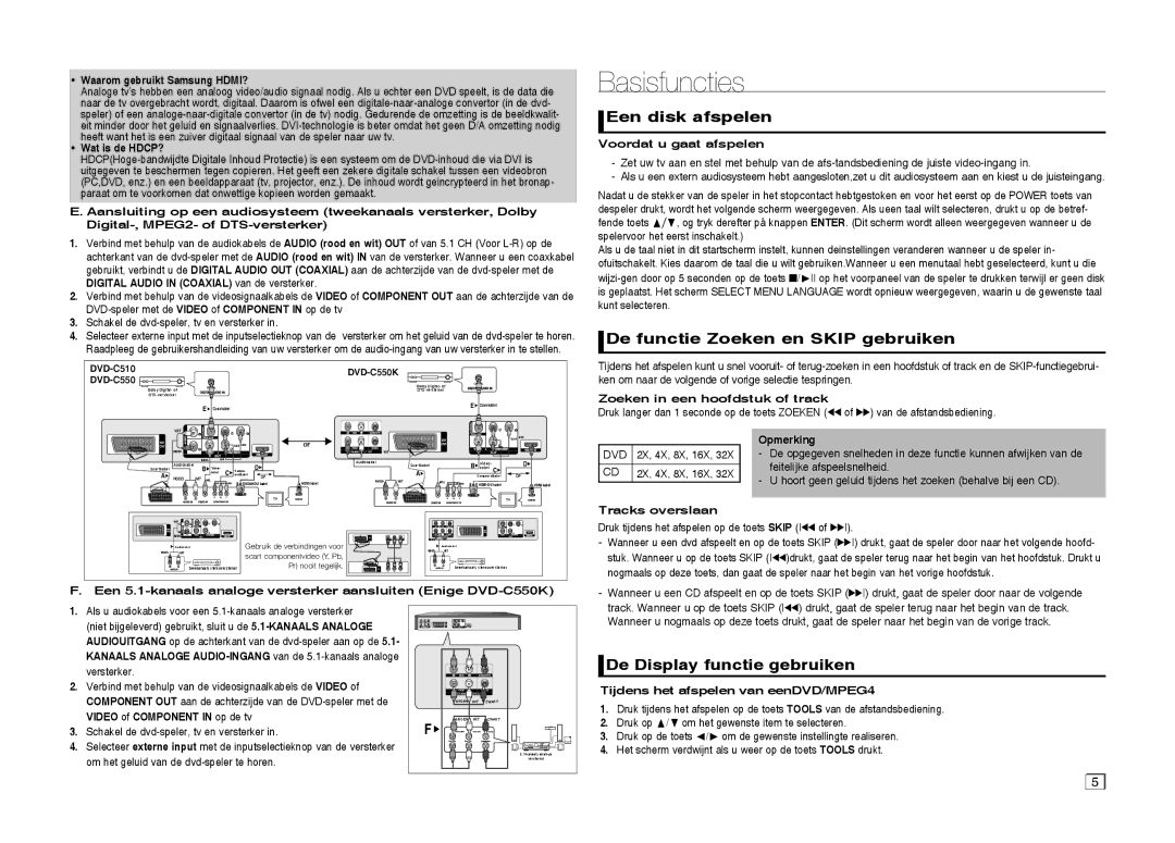 Samsung DVD-C550/XEN Basisfuncties, Een disk afspelen, De functie Zoeken en Skip gebruiken, De Display functie gebruiken 