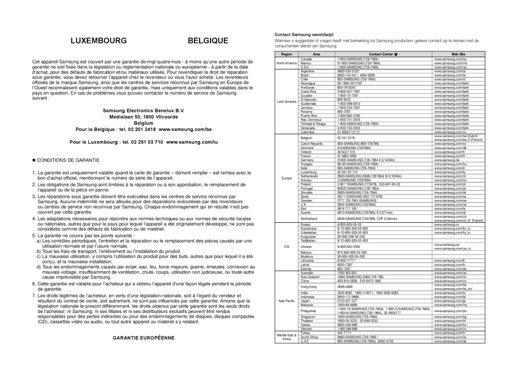 Samsung DVD-C550/EDC, DVD-C550/XEN, DVD-C510/XEN, DVD-C550/XEF manual Luxembourgbelgique, Garantie Européenne 