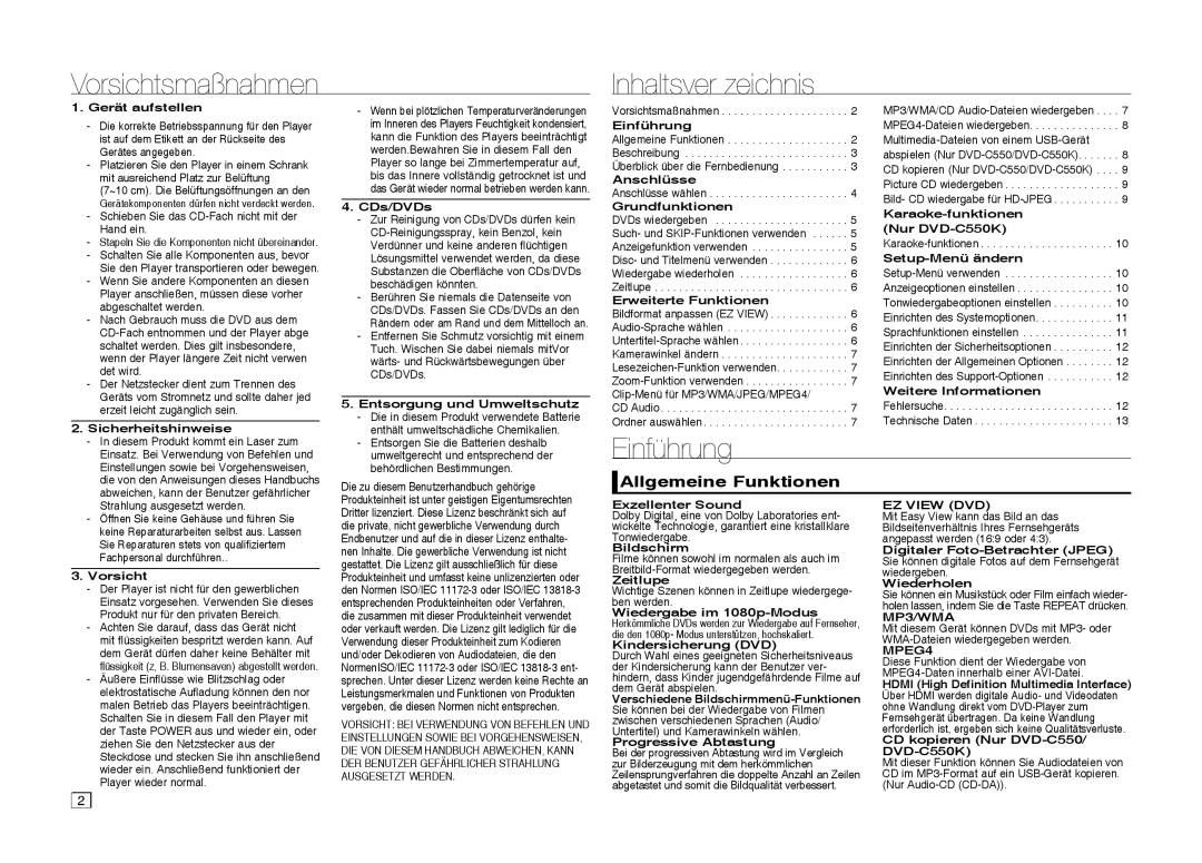 Samsung DVD-C510/XEN, DVD-C550/EDC, DVD-C550/XEN Vorsichtsmaßnahmen Inhaltsver zeichnis, Einführung, Allgemeine Funktionen 