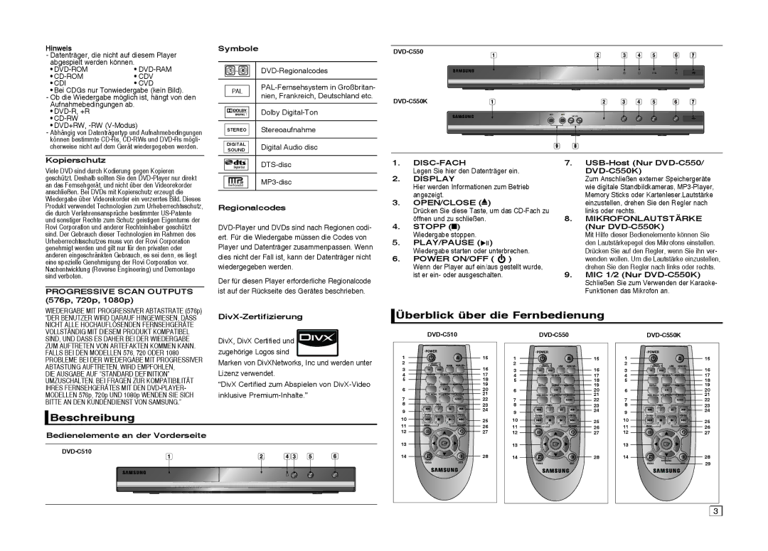 Samsung DVD-C550/XEF, DVD-C550/EDC, DVD-C550/XEN, DVD-C510/XEN Überblick über die Fernbedienung, Beschreibung, Disc-Fach 