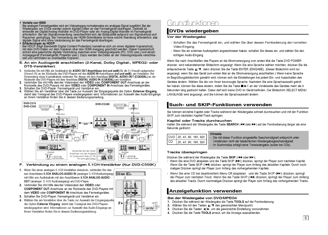 Samsung DVD-C550/XEN Grundfunktionen, DVDs wiedergeben, Such- und SKIP-Funktionen verwenden, Anzeigefunktion verwenden 