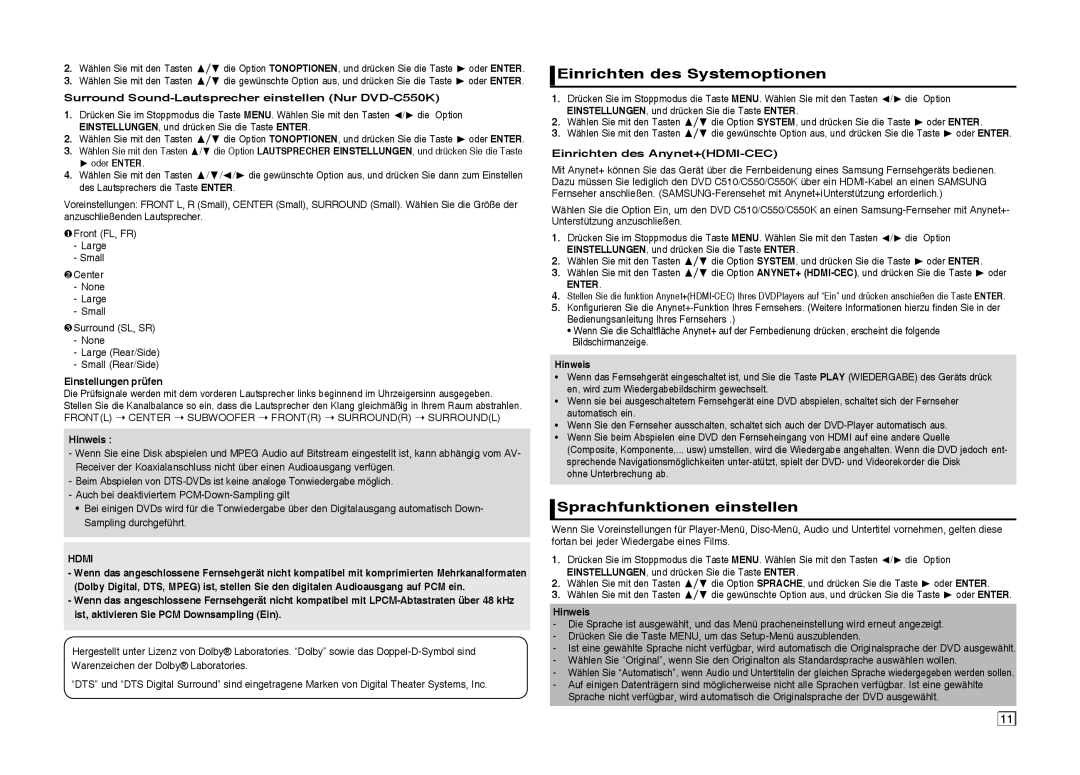 Samsung DVD-C550/XEF, DVD-C550/EDC, DVD-C550/XEN manual Einrichten des Systemoptionen, Sprachfunktionen einstellen, Enter 