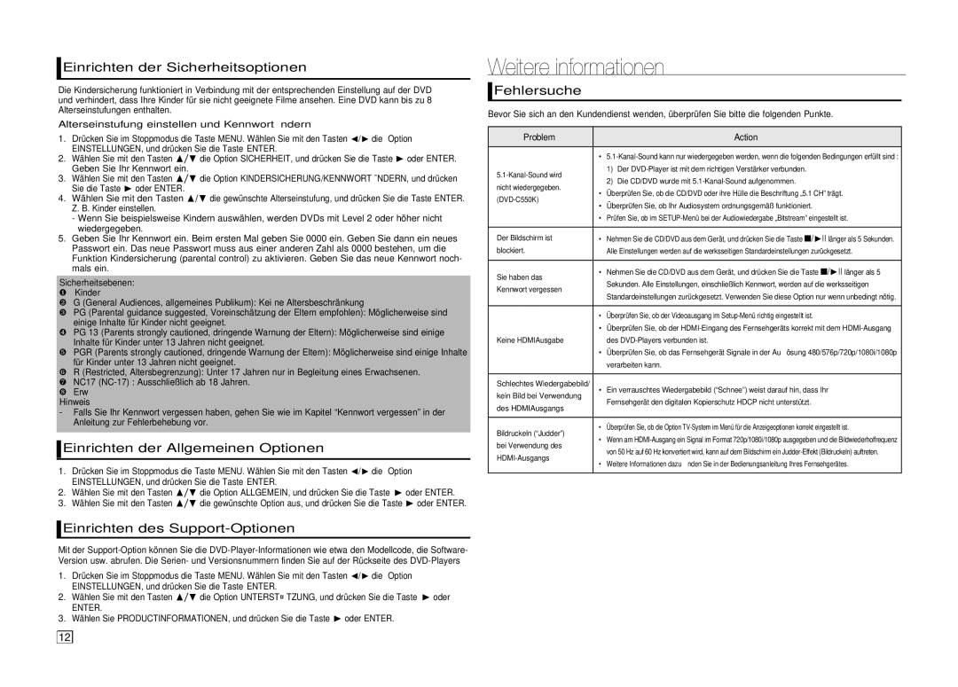 Samsung DVD-C550/EDC manual Weitere informationen, Einrichten der Sicherheitsoptionen, Einrichten der Allgemeinen Optionen 