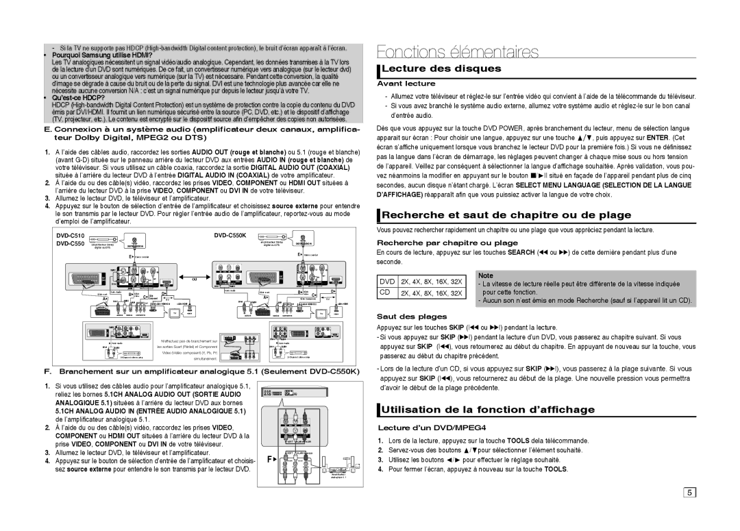 Samsung DVD-C550/XEN, DVD-C550/EDC Fonctions élémentaires, Lecture des disques, Recherche et saut de chapitre ou de plage 