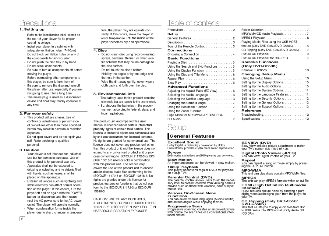 Samsung DVD-C510/XEN, DVD-C550/EDC, DVD-C550/XEN, DVD-C550/XEF manual Precautions Table of contens, Setup, General Features 