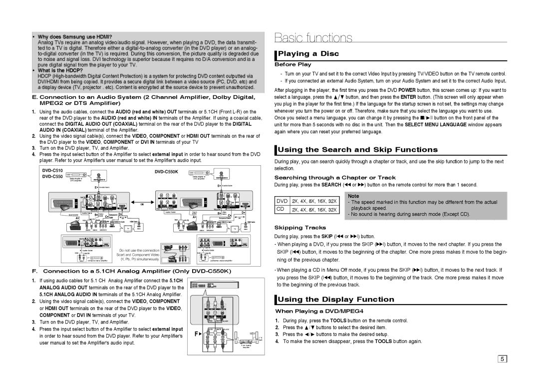 Samsung DVD-C550/XEN Basic functions, Playing a Disc, Using the Search and Skip Functions, Using the Display Function 