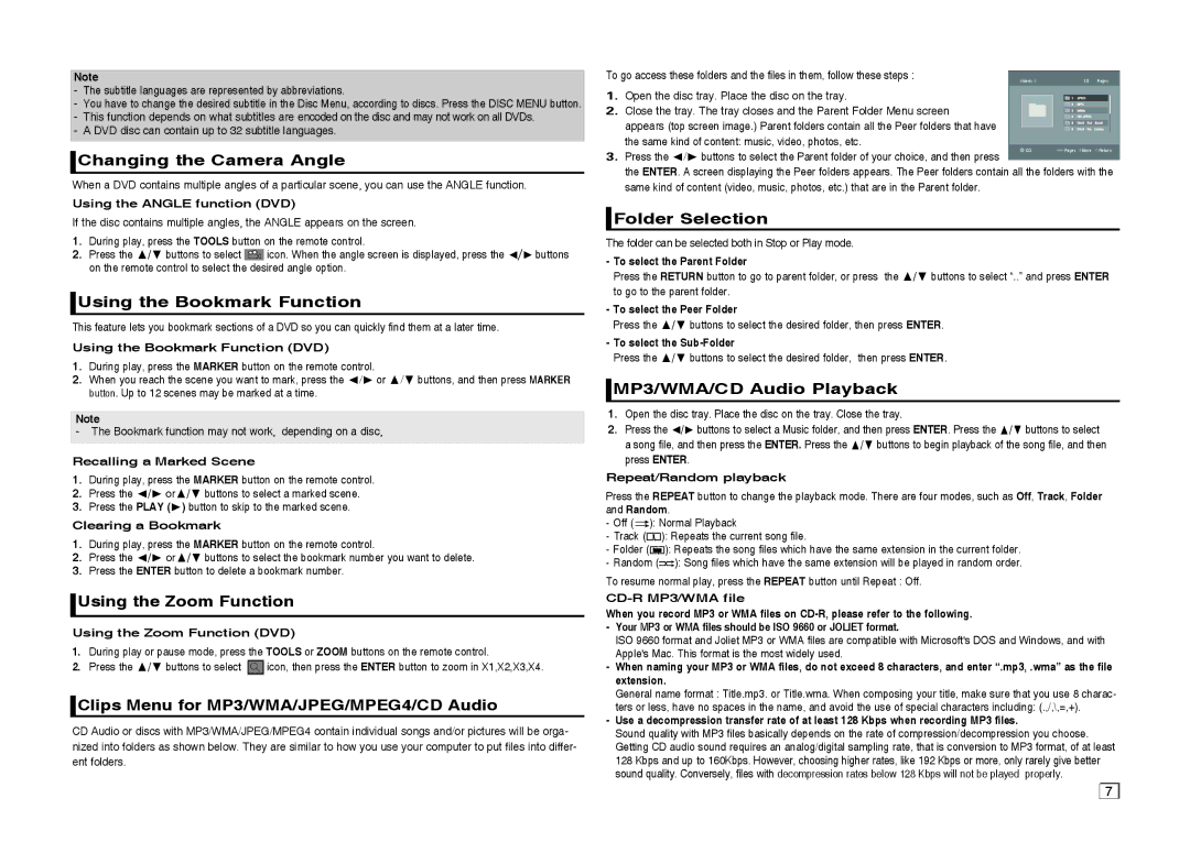 Samsung DVD-C550/XEF Changing the Camera Angle, Using the Bookmark Function, Using the Zoom Function, Folder Selection 