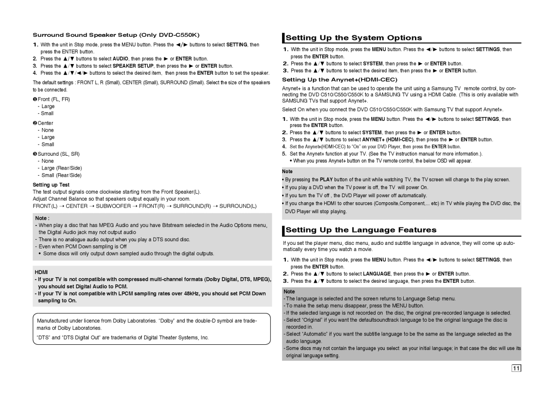 Samsung DVD-C550/XEF, DVD-C550/EDC manual Setting Up the System Options, Setting Up the Language Features, Setting up Test 