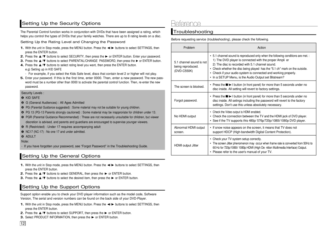 Samsung DVD-C550/EDC manual Reference, Setting Up the Security Options, Setting Up the General Options, Troubleshooting 