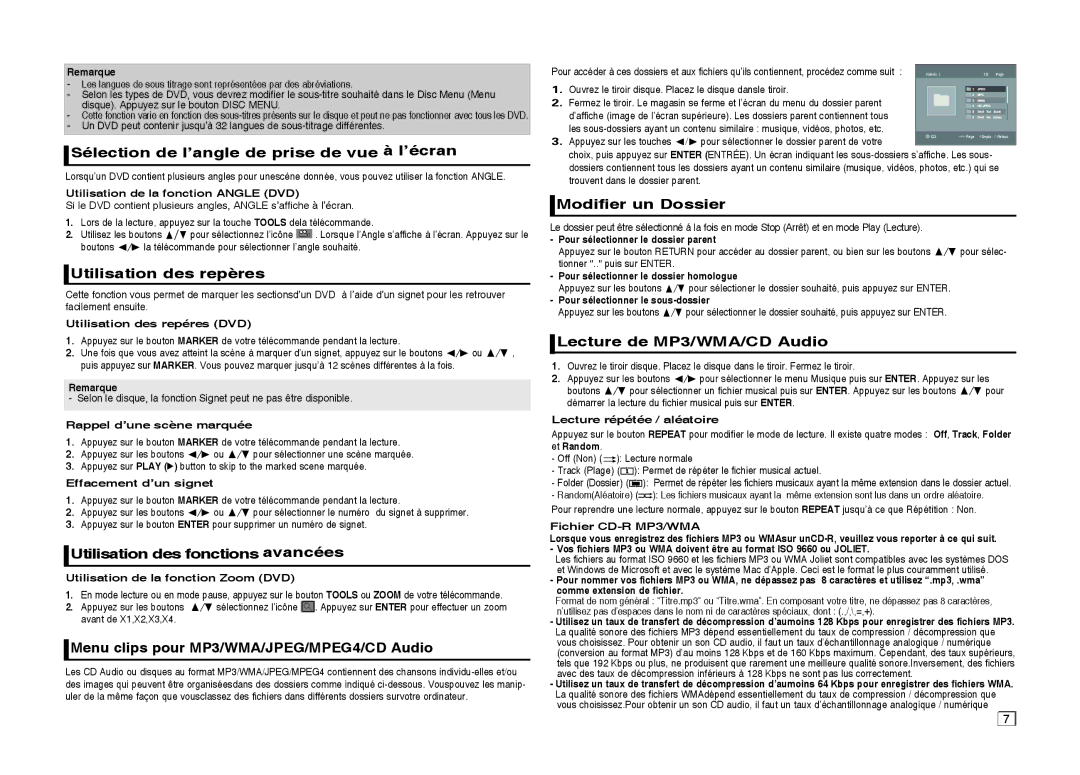 Samsung DVD-C550/XEF manual Sélection de l’angle de prise de vue à l’écran, Utilisation des repères, Modifier un Dossier 