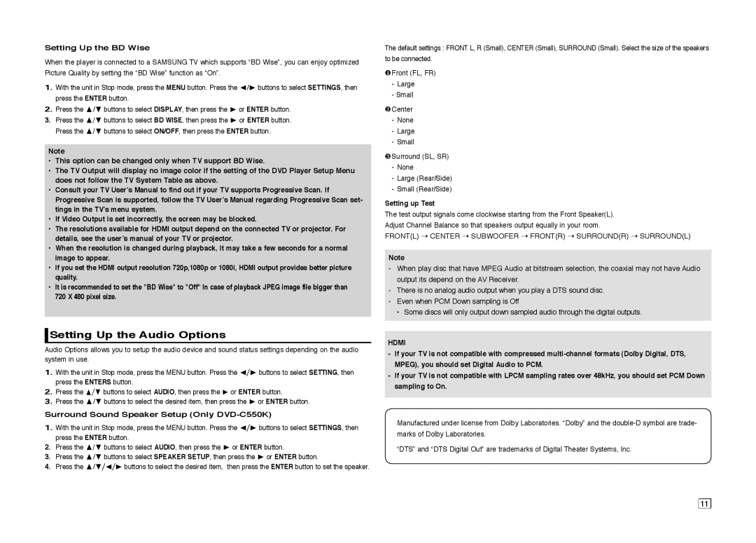 Samsung Setting Up the Audio Options, Setting Up the BD Wise, Surround Sound Speaker Setup Only DVD-C550K, Hdmi 