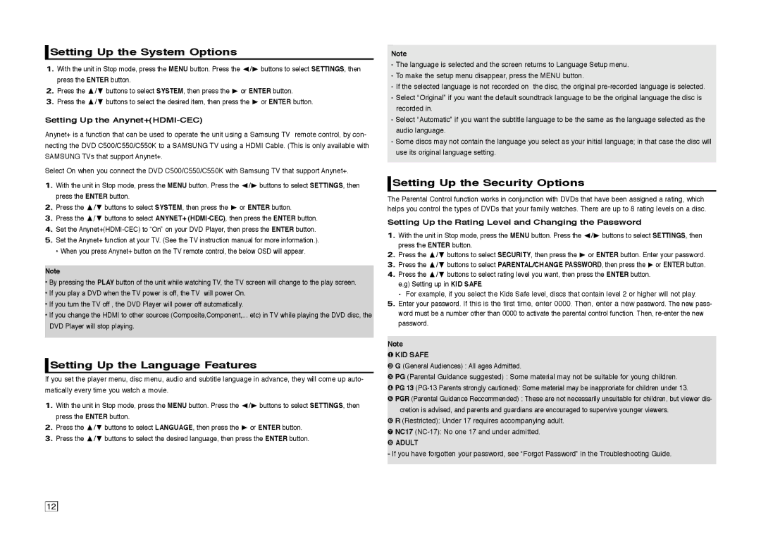 Samsung DVD-C550K Setting Up the System Options, Setting Up the Language Features, Setting Up the Security Options 