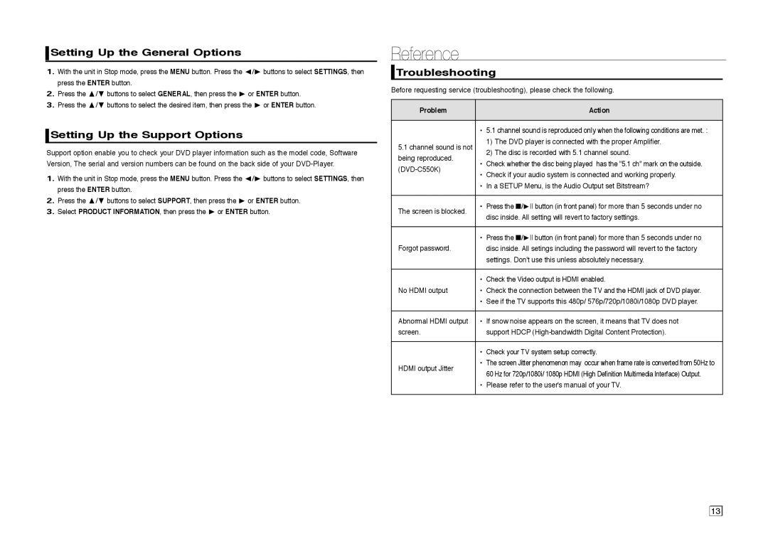 Samsung DVD-C550K user manual Reference, Setting Up the General Options, Setting Up the Support Options, Troubleshooting 