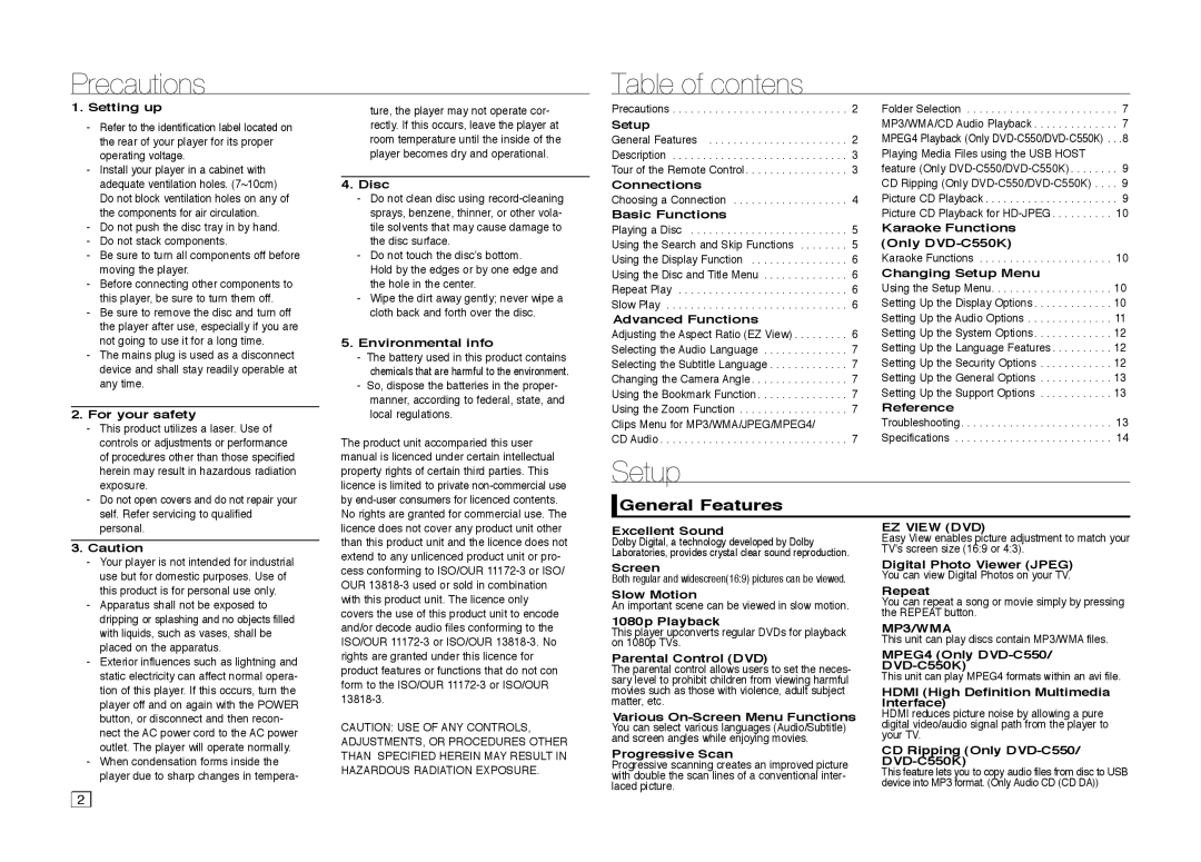 Samsung DVD-C550K user manual Precautions Table of contens, Setup, General Features, EZ View DVD, MP3/WMA 