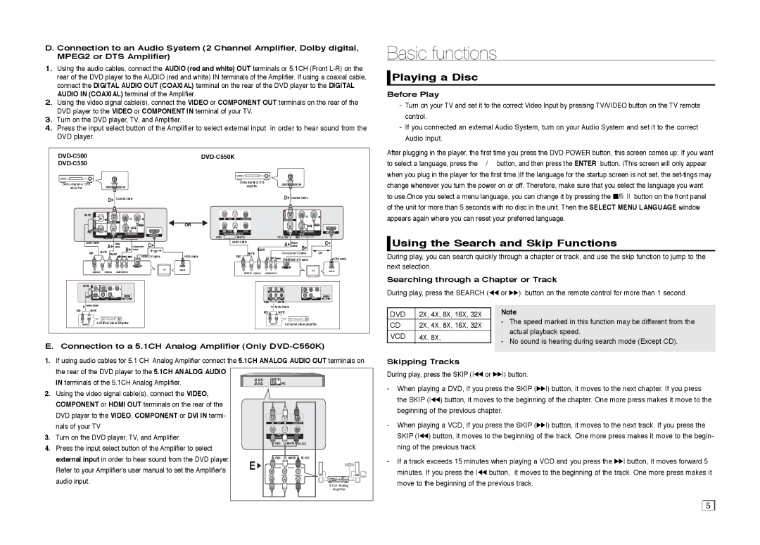 Samsung DVD-C550K user manual Basic functions, Playing a Disc, Using the Search and Skip Functions 