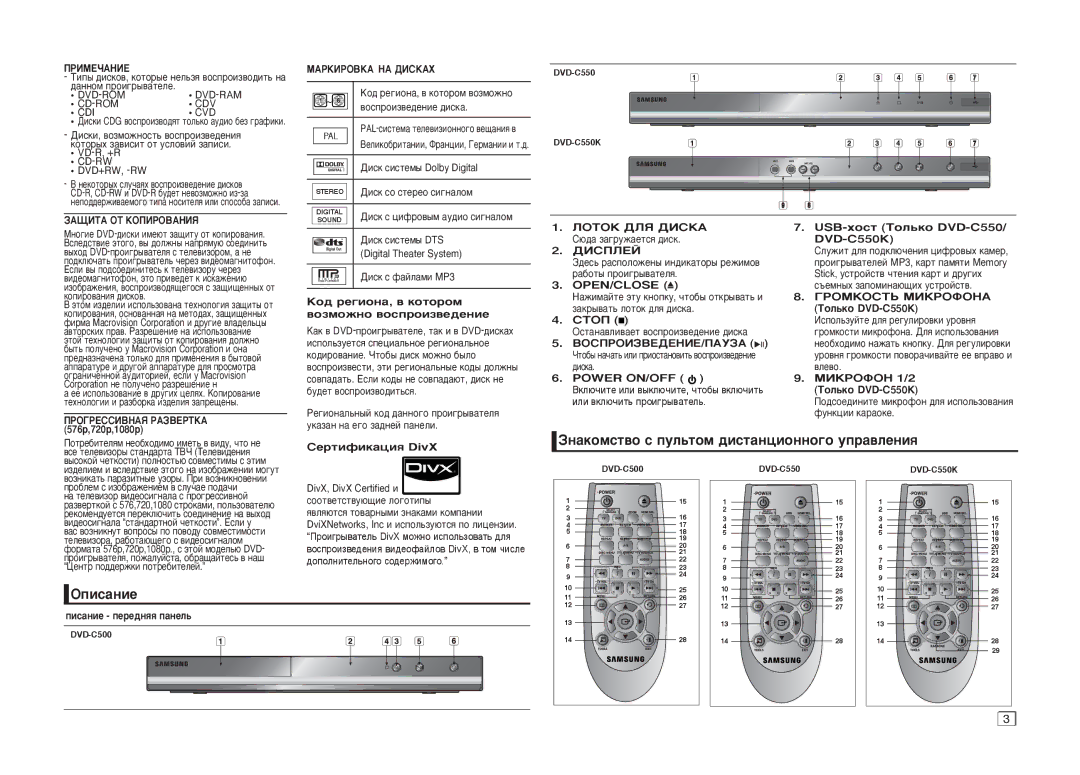 Samsung DVD-C550/XER, DVD-C550KD/XER ÁÌ‡ÍÓÏÒÚ‚Ó Ò ÔÛÎ¸ÚÓÏ ‰ËÒÚ‡ÌˆËÓÌÌÓ„Ó ÛÔ‡‚ÎÂÌËﬂ, Éôëò‡Ìëâ, Open/Close, Power ON/OFF 