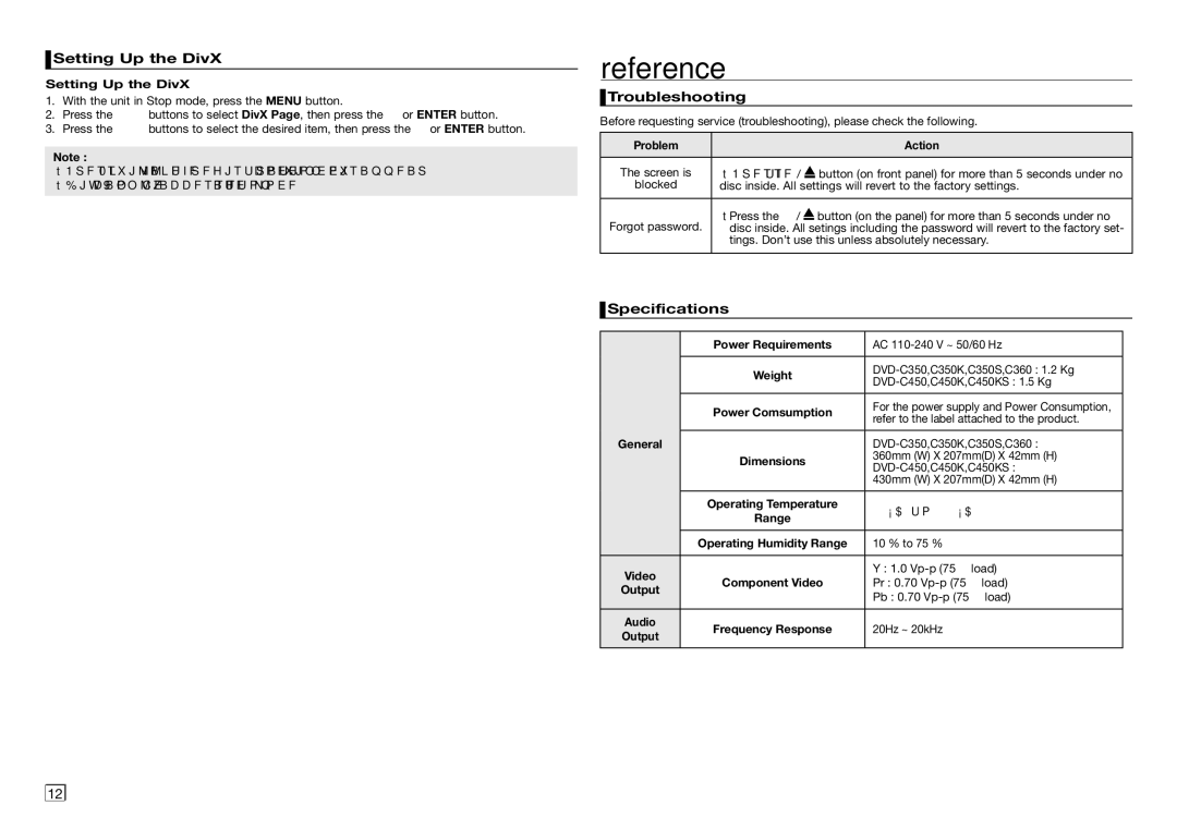 Samsung DVD-C550/XEF, DVD-C350/XEF, DVD-C450/XEF manual Reference, Setting Up the DivX, Troubleshooting, Specifications 