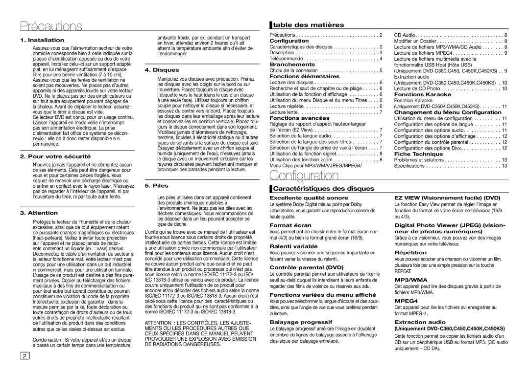 Samsung DVD-C450/XEF, DVD-C550/XEF manual Précautions, Configuration, Table des matières, Caractéristiques des disques 