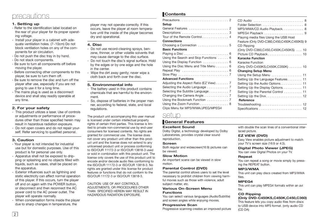 Samsung DVD-C450/XEF, DVD-C550/XEF, DVD-C350/XEF, DVD-C360/AFR manual Precautions, Setup 