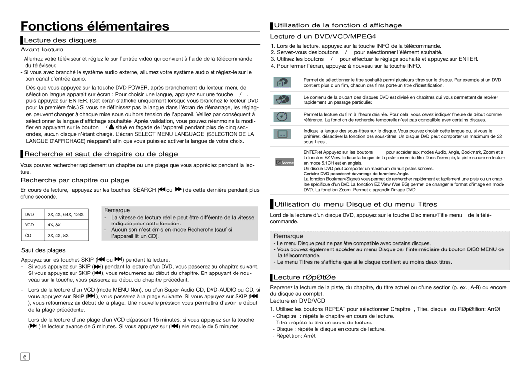 Samsung DVD-C450/XEF, DVD-C550/XEF, DVD-C350/XEF, DVD-C360/AFR manual Fonctions élémentaires 