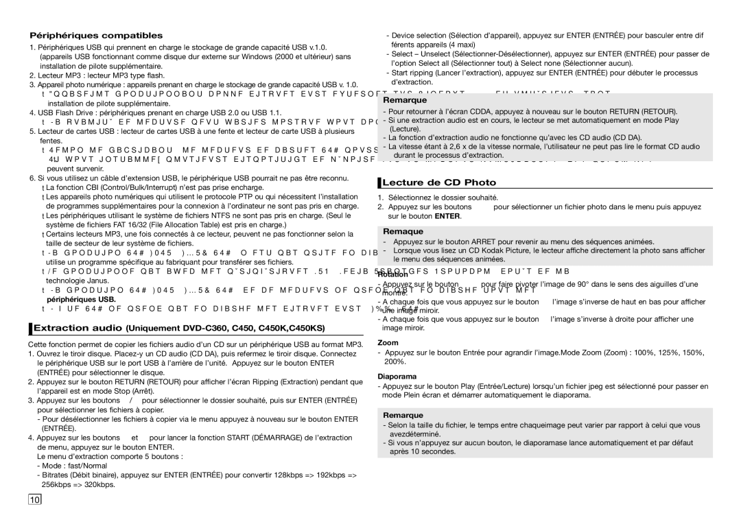 Samsung DVD-C450/XEF manual Périphériques compatibles, Extraction audio Uniquement DVD-C360, C450, C450K,C450KS, Diaporama 