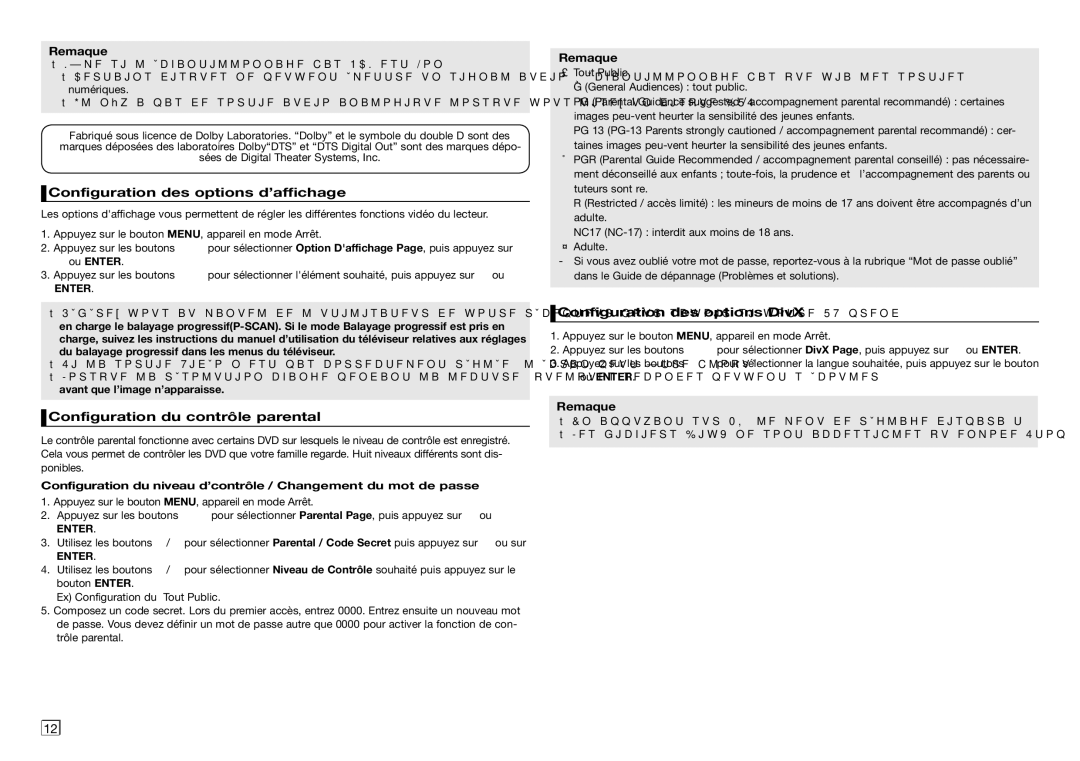 Samsung DVD-C550/XEF manual Configuration des options d’affichage, Configuration du contrôle parental, † ou Enter, Ou Enter 