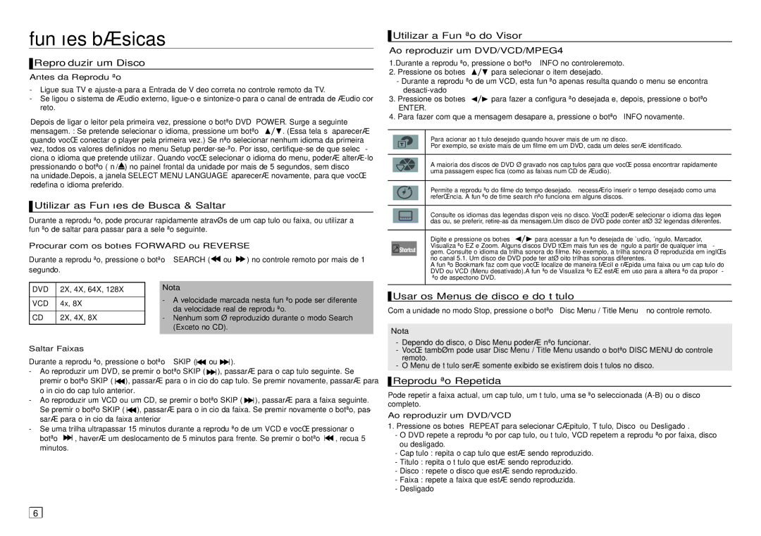 Samsung DVD-C450/XEF, DVD-C550/XEF, DVD-C350/XEF, DVD-C360/AFR manual Funções básicas 