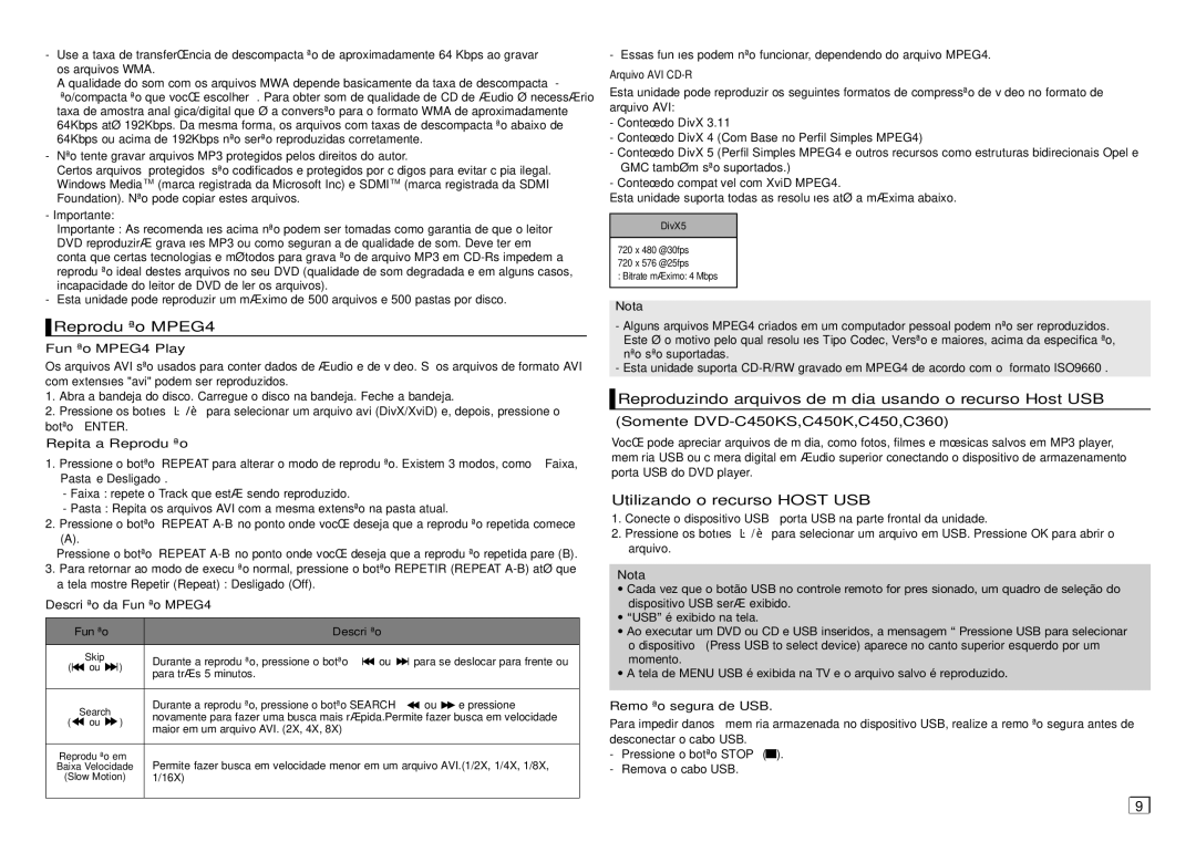 Samsung DVD-C350/XEF, DVD-C550/XEF, DVD-C450/XEF, DVD-C360/AFR manual Reprodução MPEG4, Utilizando o recurso Host USB 