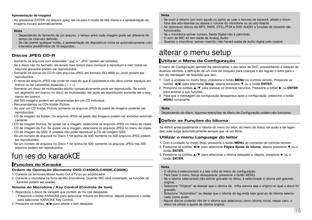 Samsung DVD-C360/AFR, DVD-C550/XEF, DVD-C350/XEF, DVD-C450/XEF manual Funções do karaokê, Alterar o menu setup 