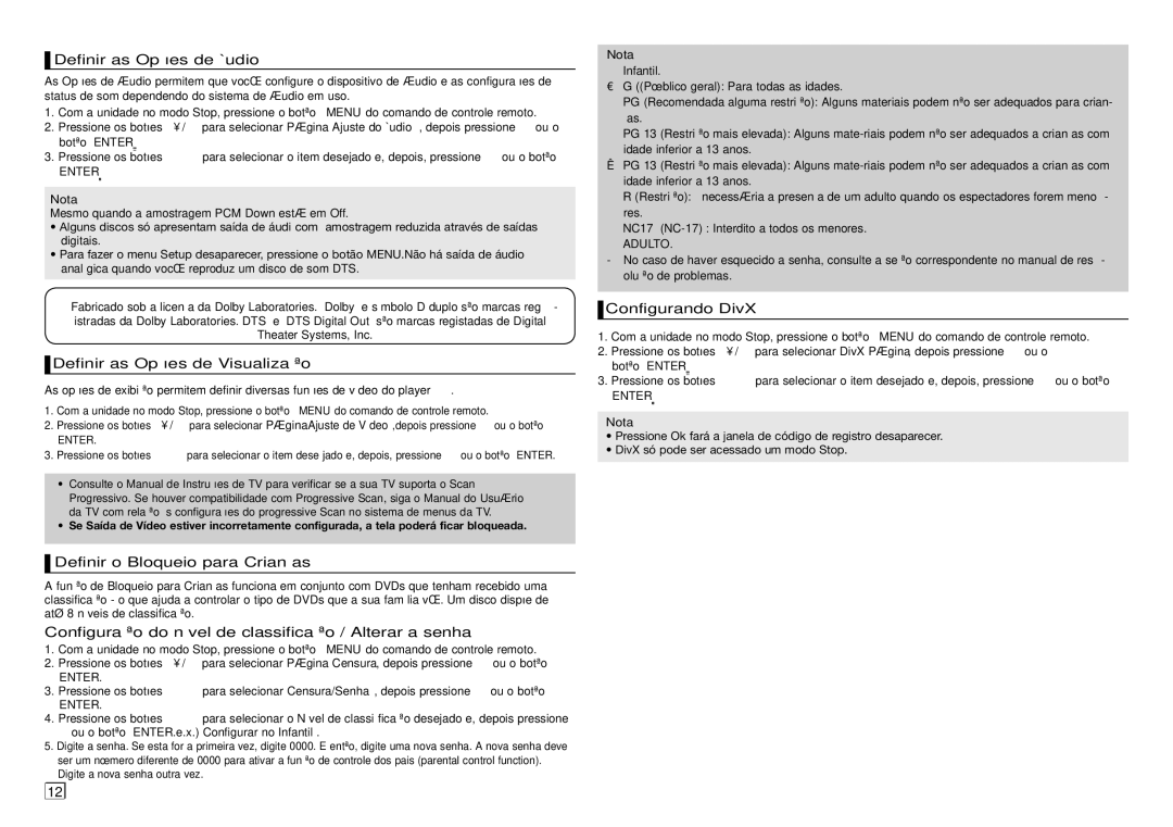 Samsung DVD-C550/XEF manual Definir as Opções de Áudio, Definir as Opções de Visualização, Definir o Bloqueio para Crianças 