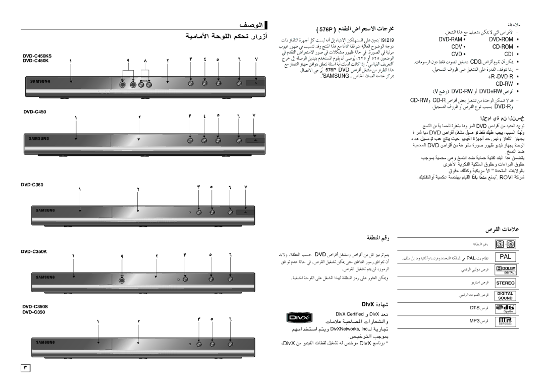 Samsung DVD-C450/XEF, DVD-C550/XEF, DVD-C350/XEF, DVD-C360/AFR ﻒﺻﻭﻠﺍ, ﺔﻳﻣﺎﻣﻷﺍ ﺔﺤﻭﻠﻠﺍ ﻢﻜﺤﺗ ﺭﺍﺭﺯﺃ, 576P, الحما ية من النسخ 