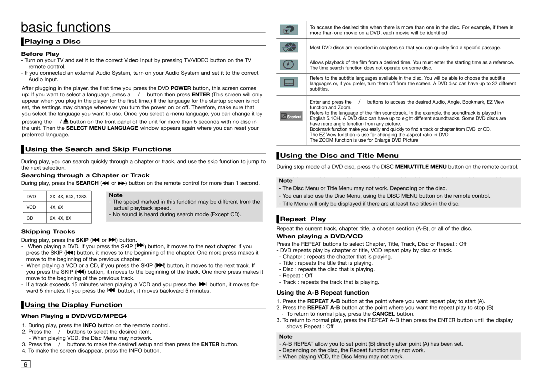 Samsung DVD-C450/XEF, DVD-C550/XEF, DVD-C350/XEF, DVD-C360/AFR manual Basic functions 